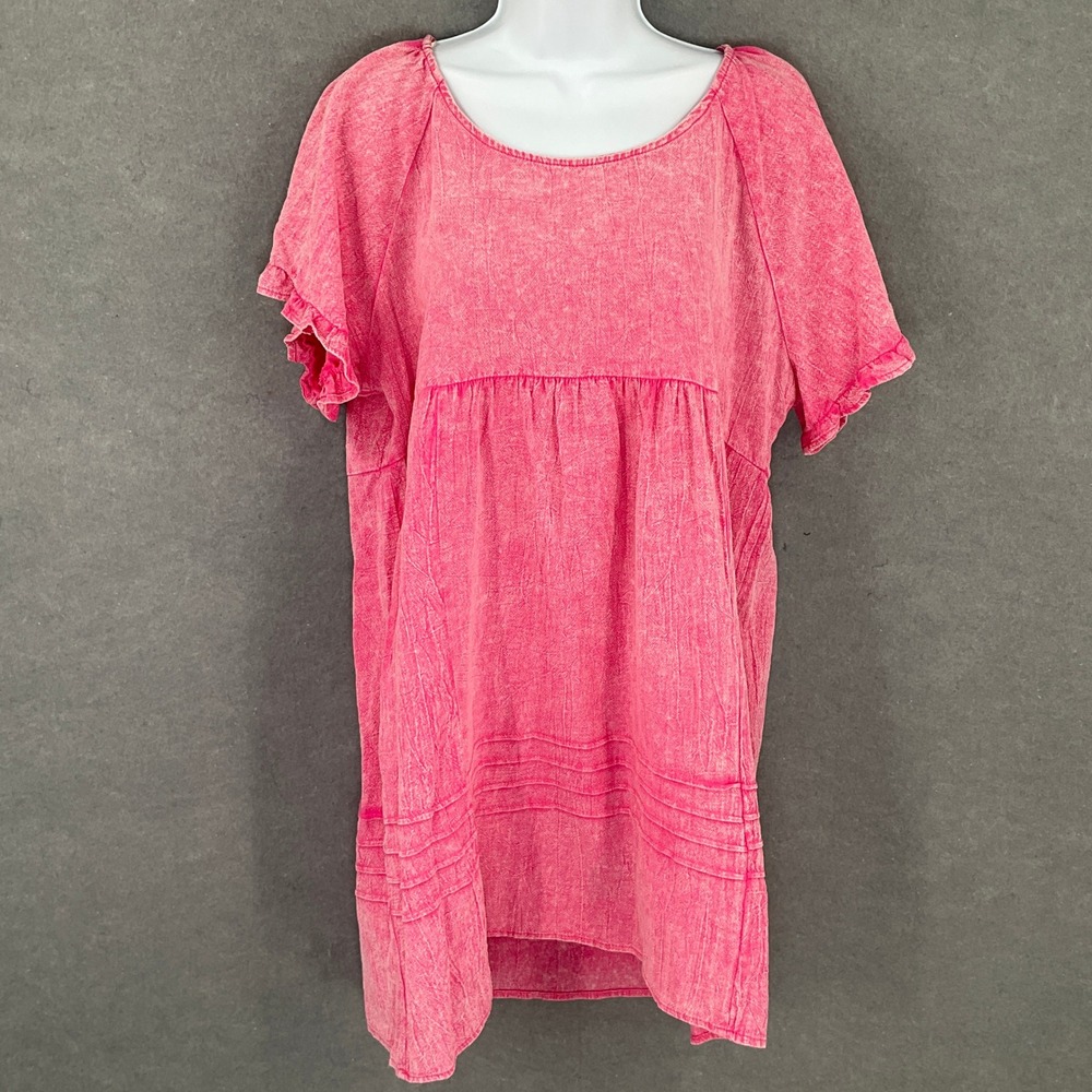 Umgee Dress Pink Acid Wash Ruffle Short Sleeve Babydoll Mini‎ Sz L Bohemian